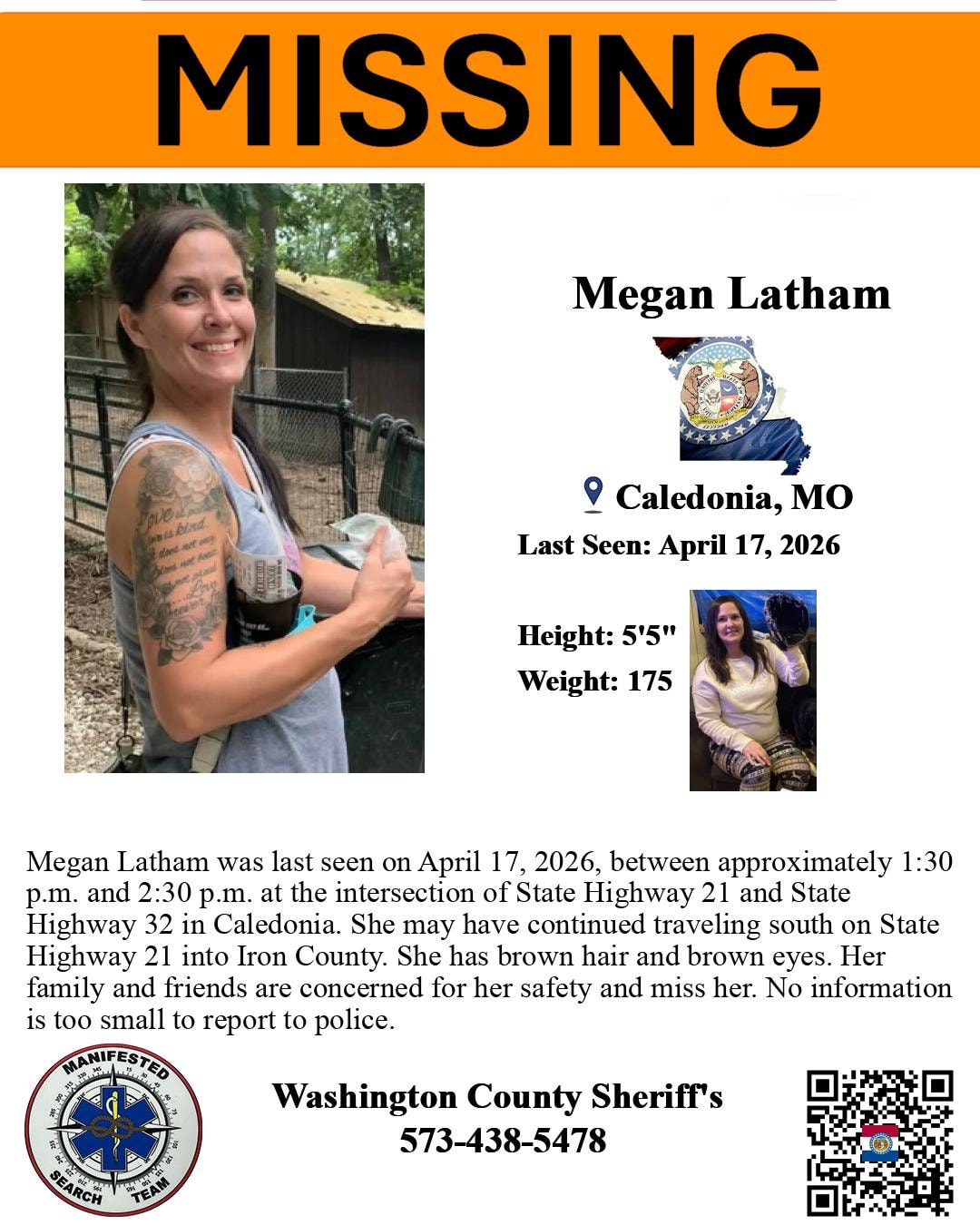 Missing persons poster for Megan Latham