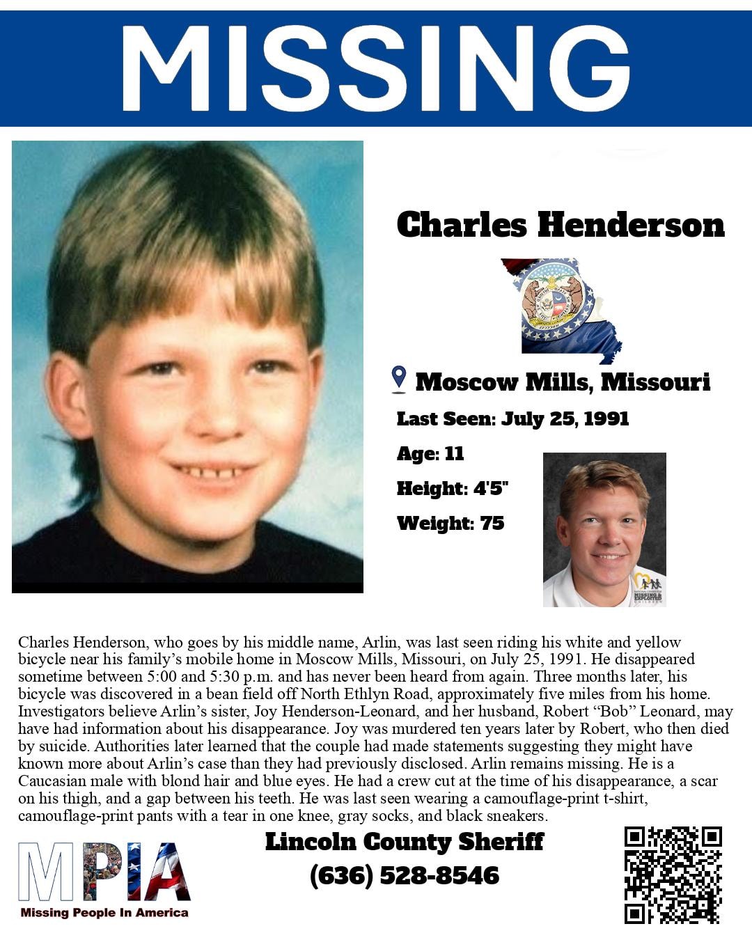 Missing persons poster for Charles "Arlin" Henderson